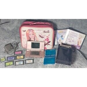 Lot Nintendo DS Lite Pink Model USG-001 2006 Metallic Rose Charger Bag Games